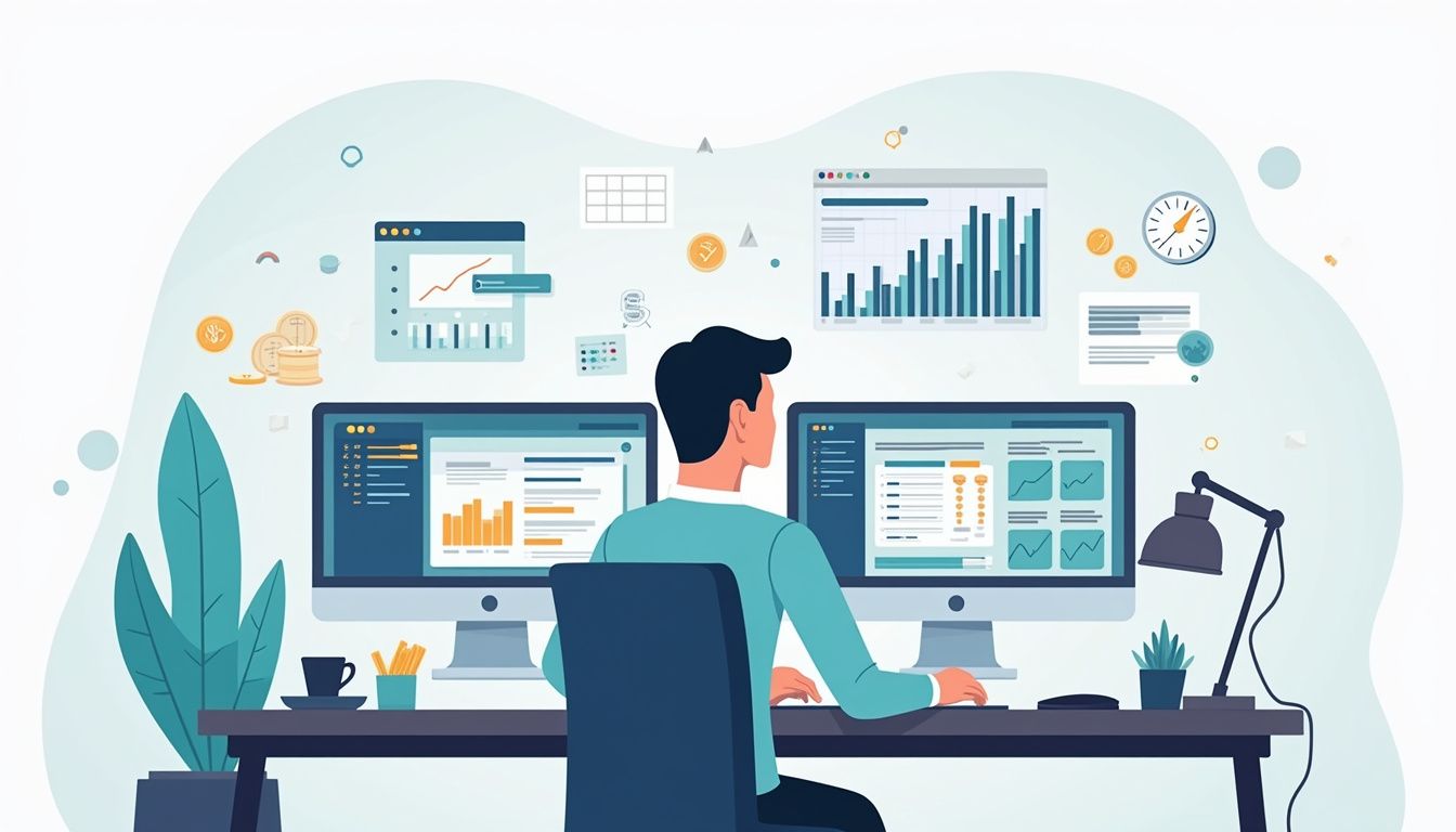 Simple illustration of a trader at a desk reviewing forex calendar data.