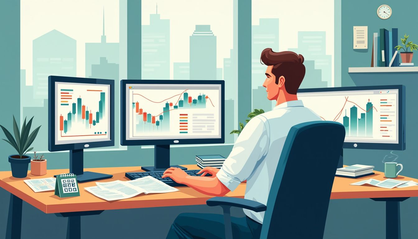 Trader focusing on a calendar and charts to schedule news trades.
