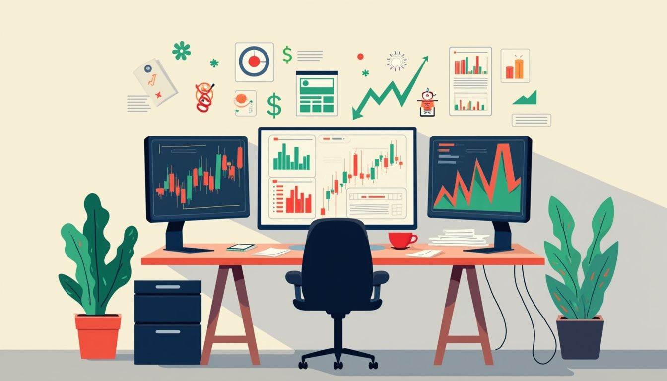 Clean trading desk layout showing charts, figures, and a simple workspace.