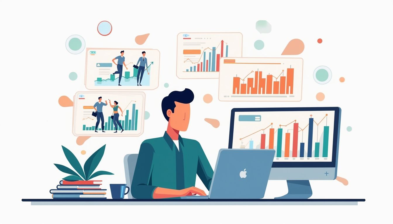 Clean illustration of a trader focusing on charts at a workstation.