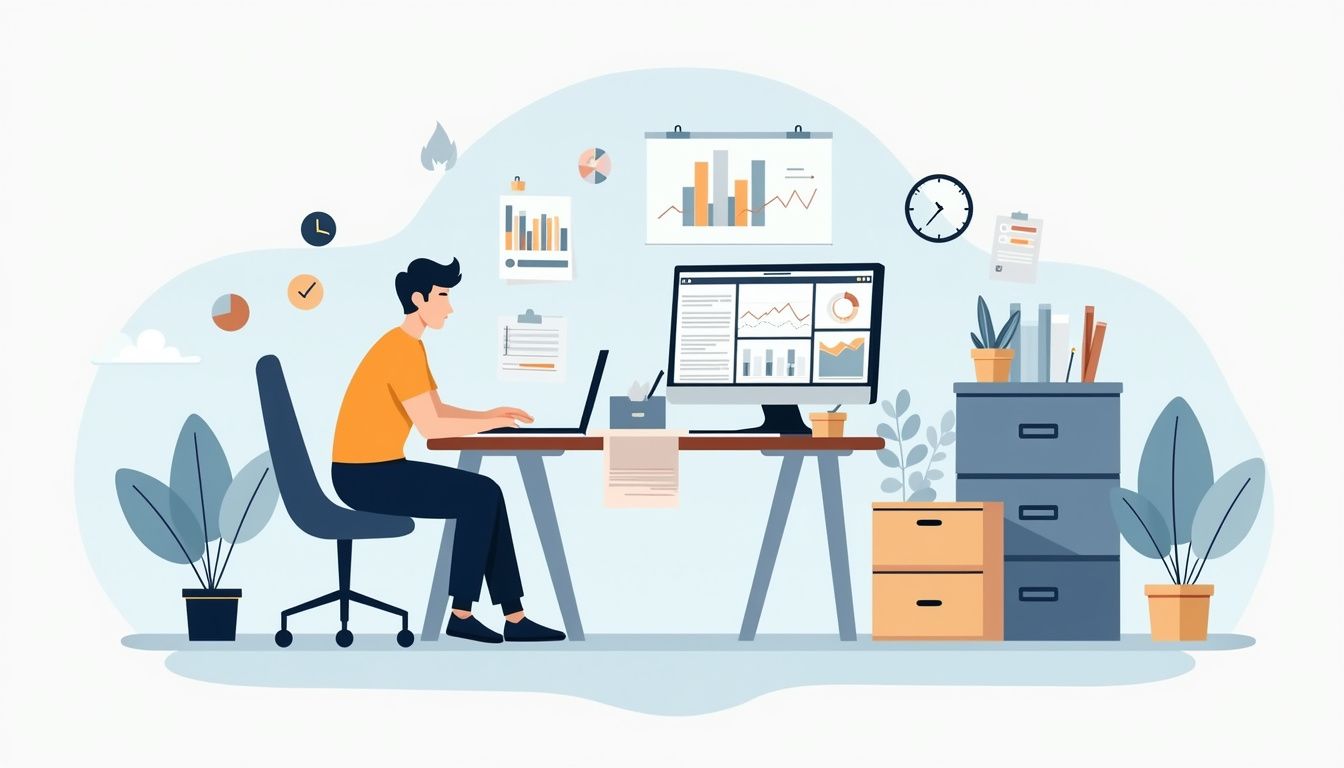 Simple vector scene of a person checking finance papers with a laptop and calculator.