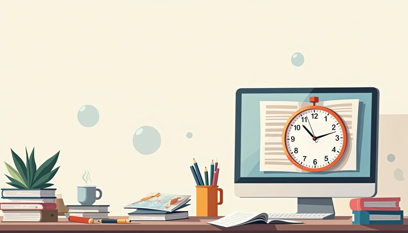 Cluttered home office with trading books and a world clock display.