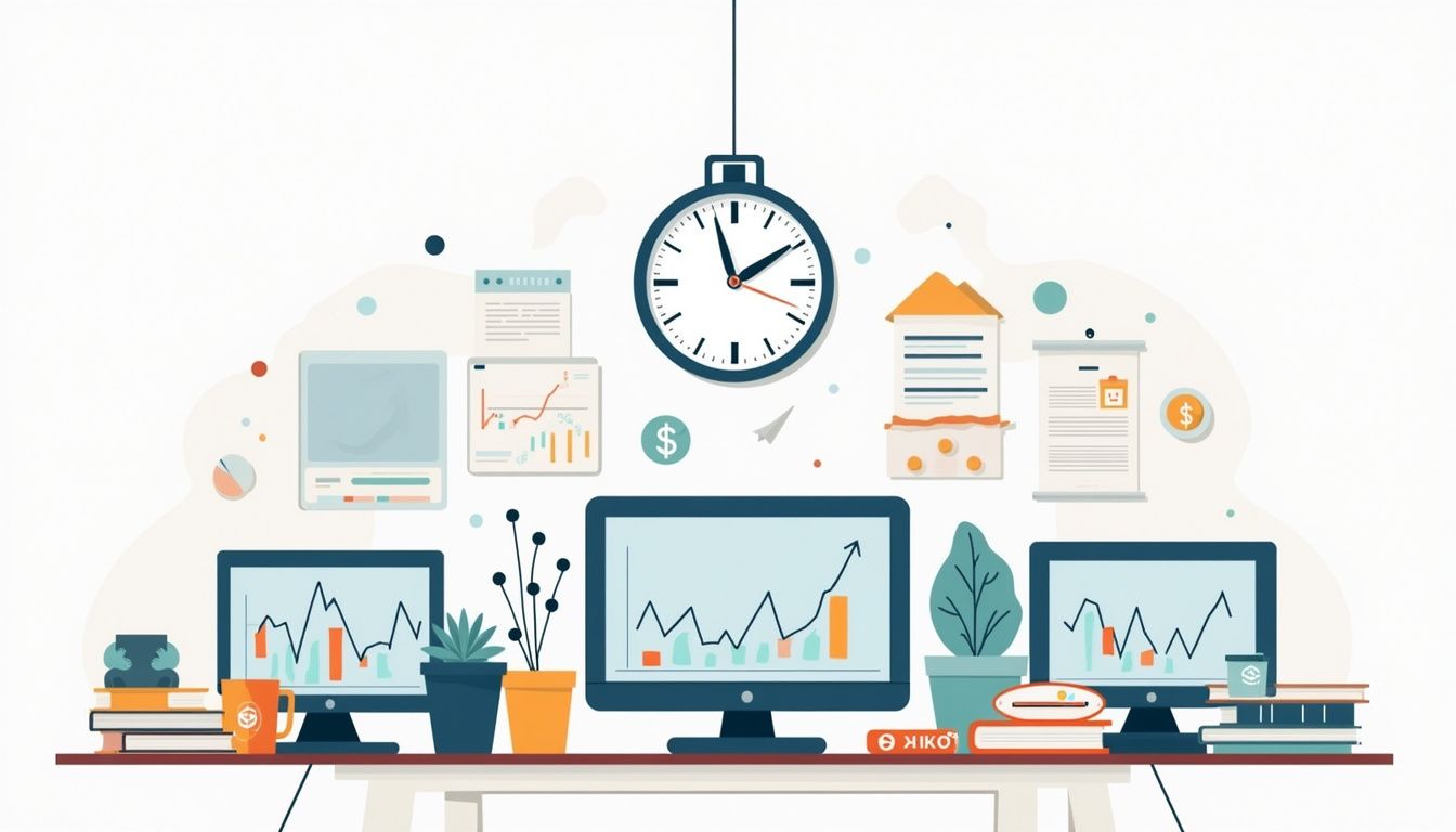 Cluttered trading desk illustration with screens, papers, and a clock.
