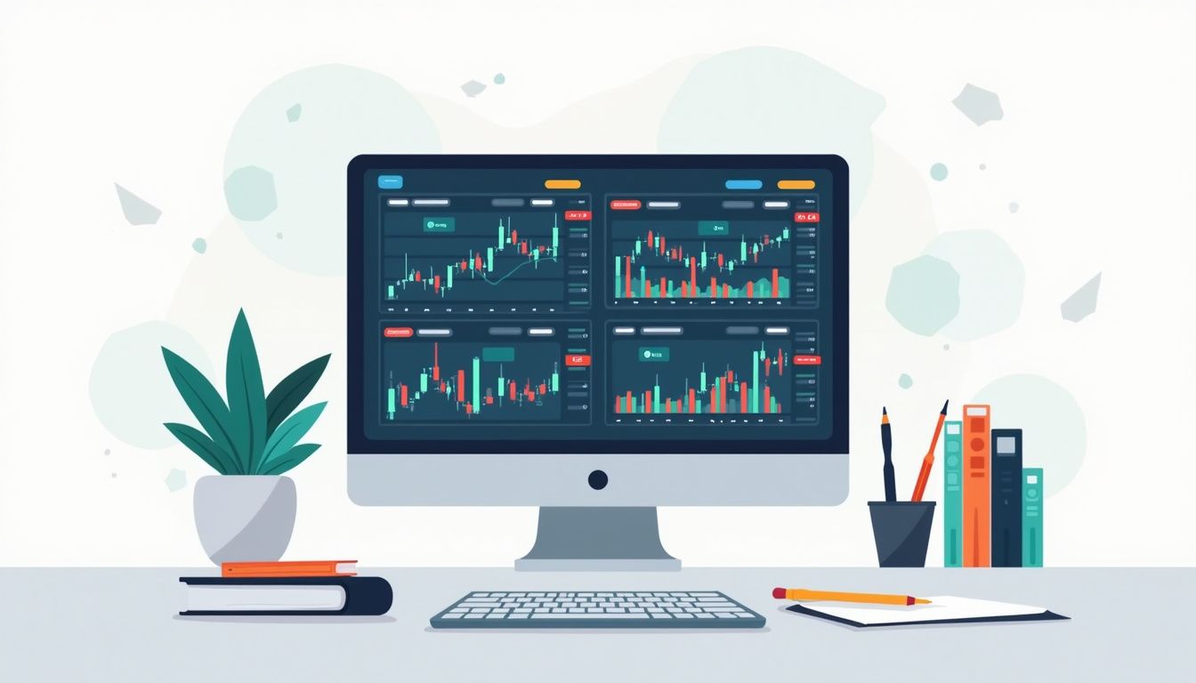 Minimalist vector illustration of a Forex trading monitor with charts.