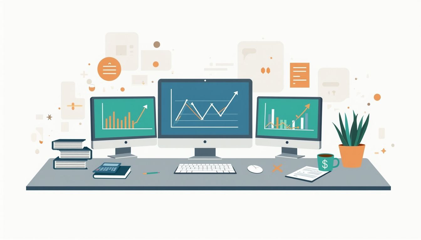Minimalist vector illustration of a tidy modern workspace with charts.