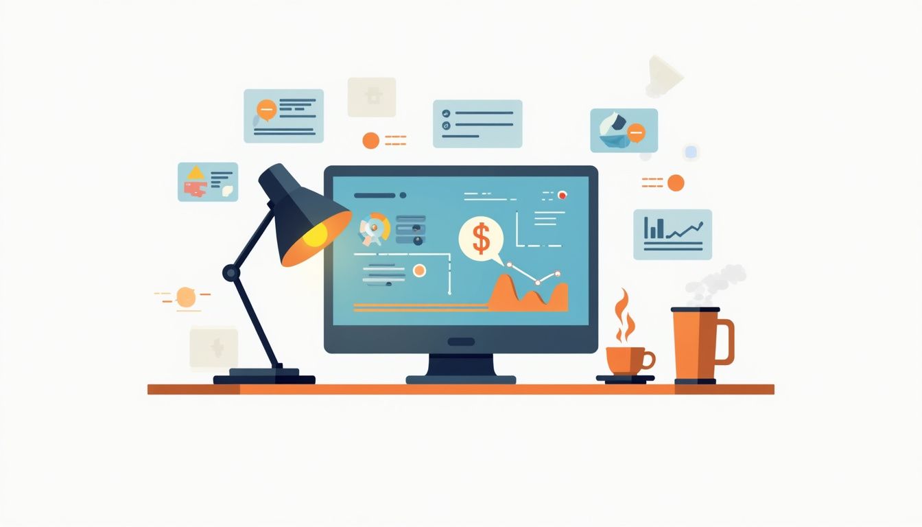 Minimalist home office desk with a computer and coffee cup.