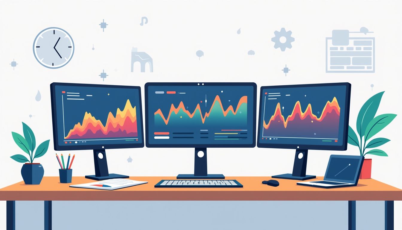 Minimalist flat illustration of a modern trading desk with technology.