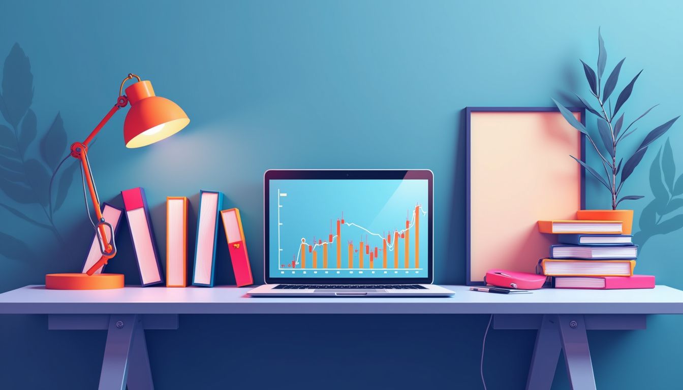 Minimalist flat vector illustration of an office desk with trading elements.
