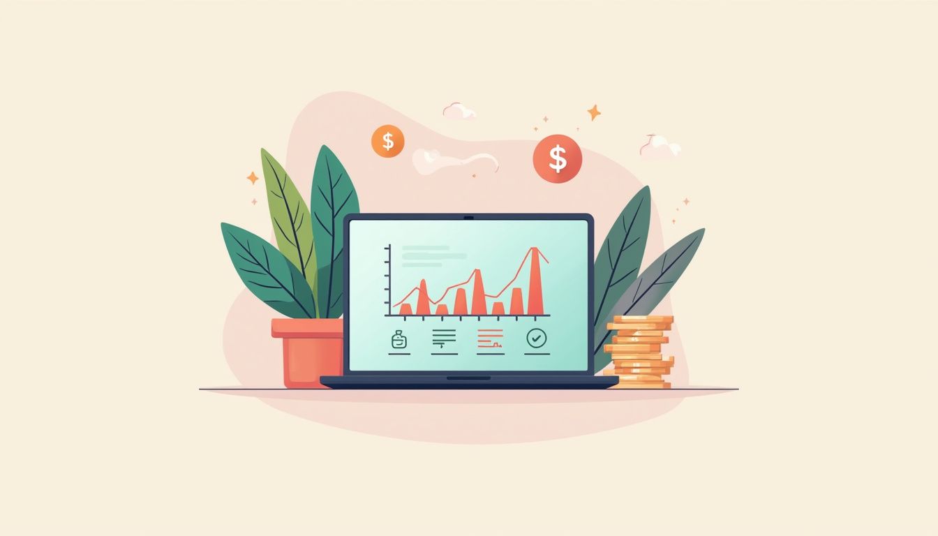Minimalist flat design of a laptop displaying currency exchange rates.