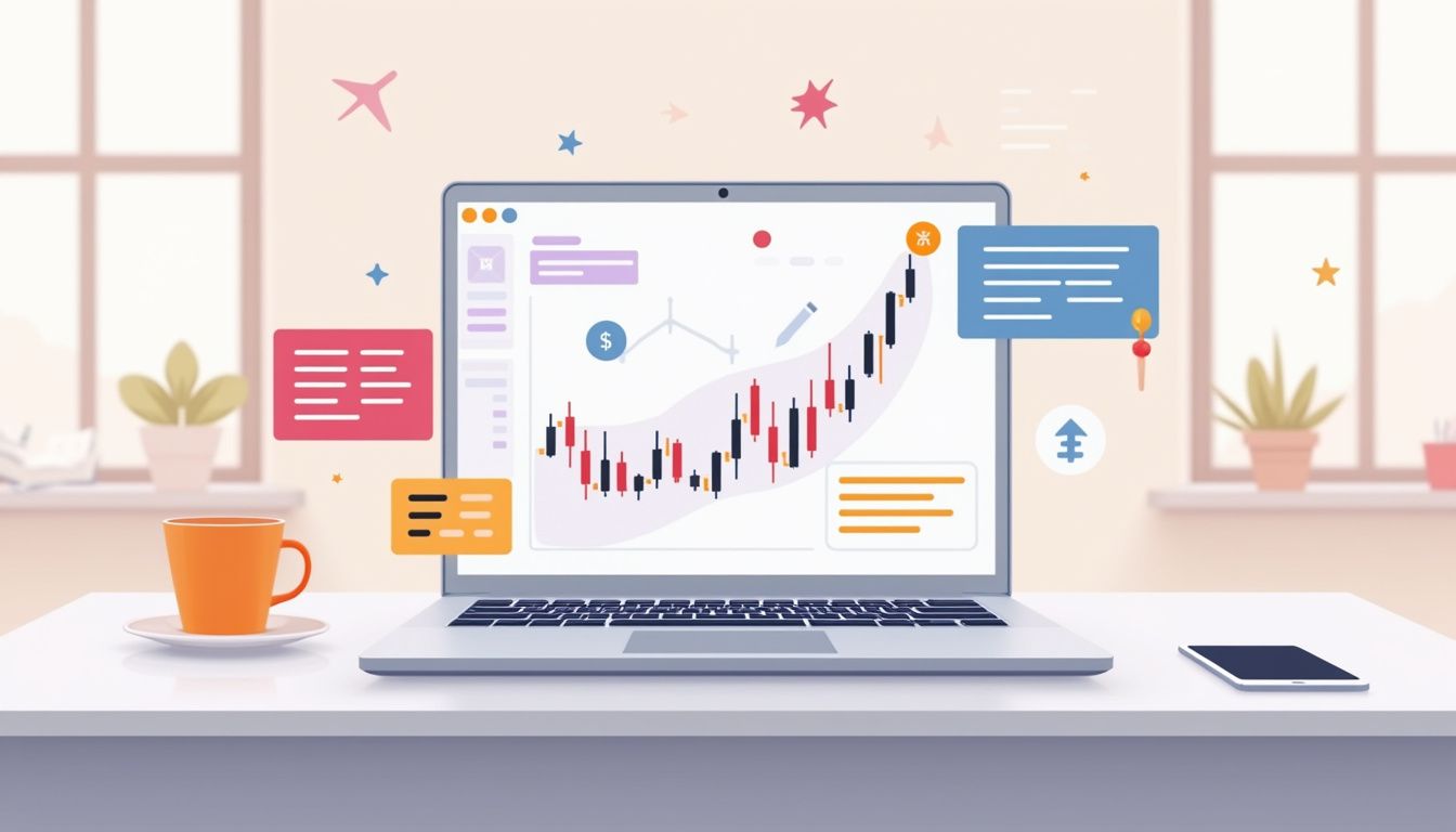 Minimalist vector illustration of a laptop displaying a forex calculator.