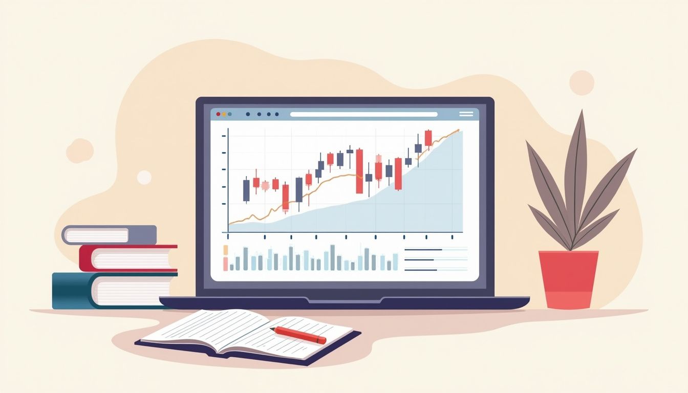 Vector illustration of an organised workspace with trading tools.