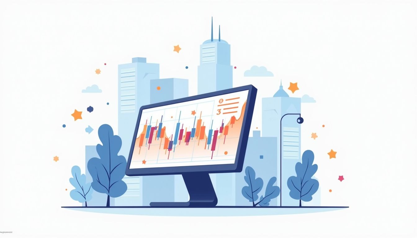 Modern flat illustration of a trading platform on a computer screen.