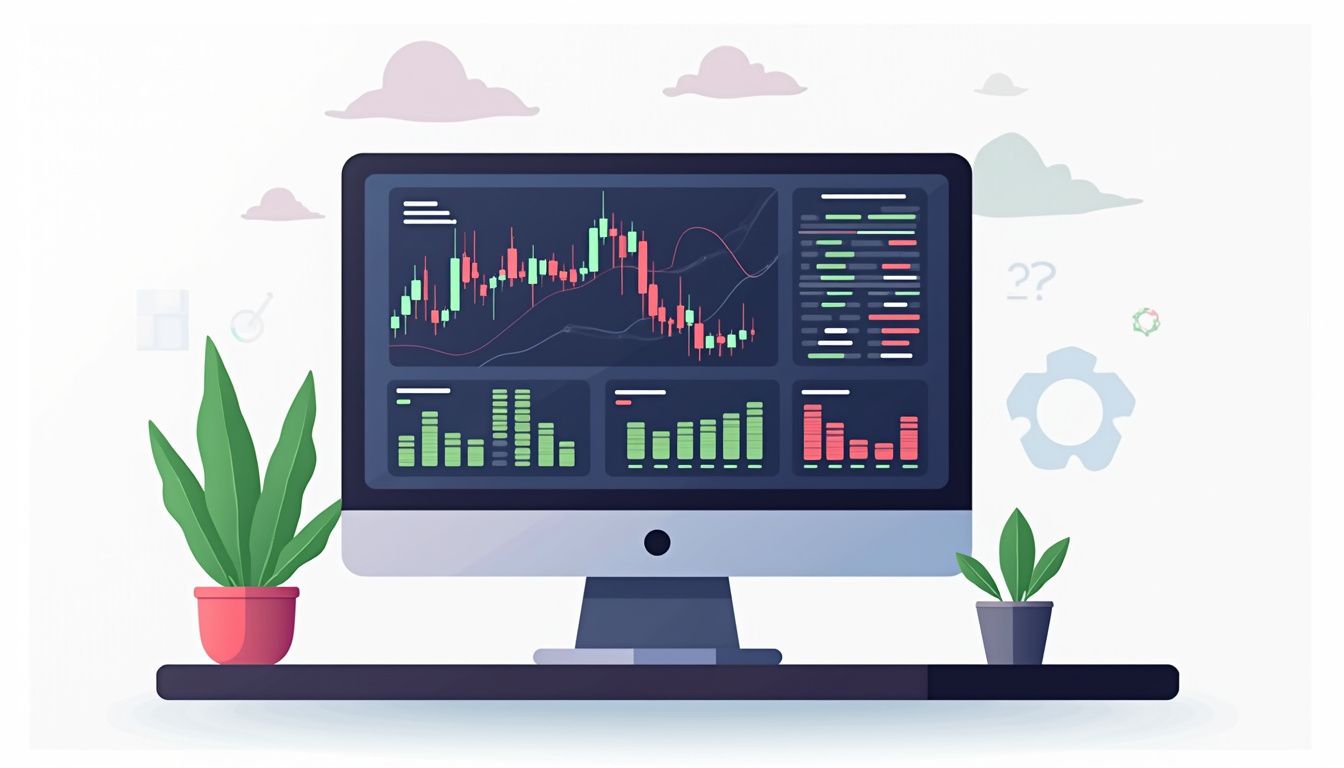 Modern computer monitor displaying forex charts on a minimalist desk.