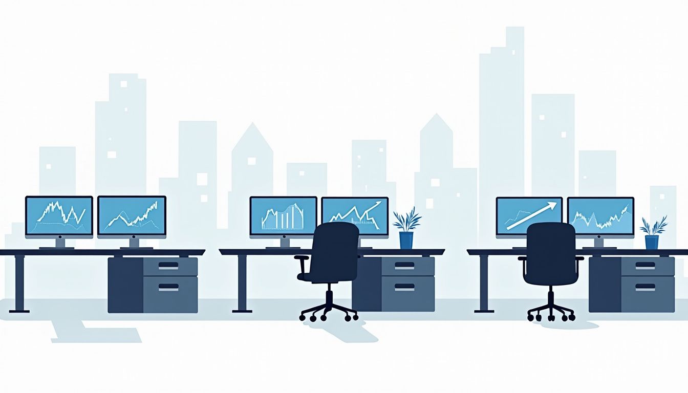 A deserted financial trading room with minimalist design and cool tones.