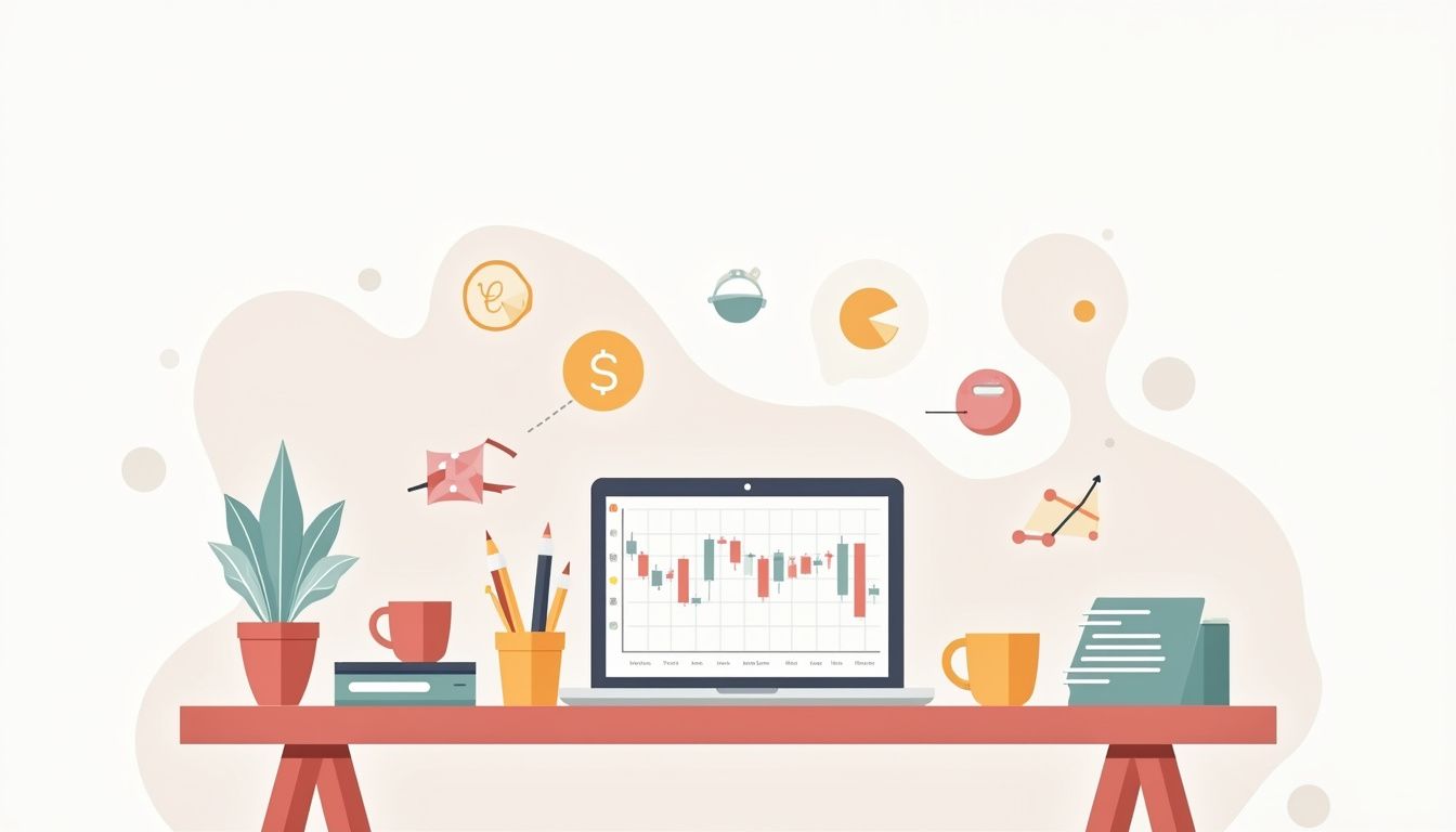 A minimalist flat vector illustration of a cluttered work table.